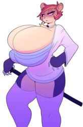 animal animal_humanoid big_breasts bursting_breasts capdocks choker clothed female female_only huge_breasts humanoid hyper hyper_breasts katana no_humans short_hair skindentation solo solo_female tight_clothes tight_clothing unknown_species white_background