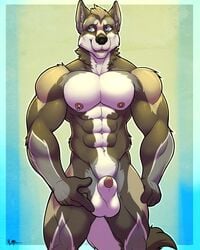 2017 abs animal_genitalia animal_penis anthro balls biceps canine canine_penis dwalker male male_only mammal muscular muscular_male navel nipple_piercing nipples nude open_mouth pecs penis penis_tip piercing sheath solo teeth wolf