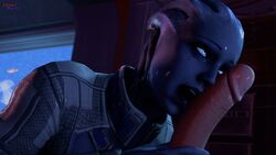 1boy 1girls 3d alien alien_girl asari blue_eyes blue_skin cosmicnoctis fellatio human interspecies large_penis liara_t'soni licking mass_effect penis shepard's_cabin source_filmmaker