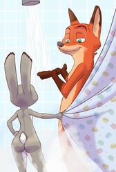 1boy akiric disney female furry judy_hopps nick_wilde nude shower zootopia