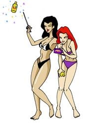 2girls barbara_gordon batgirl batman_(series) bikini dc dcau inspector97 lotion straight_hair sunscreen swimsuit zatanna