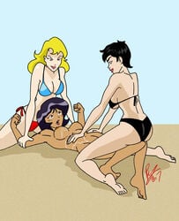 3girls alex_(totally_spies) batman_(series) beach bikini catwoman crossover dark-skinned_female dark_skin dc_comics dcau inspector97 multiple_girls selina_kyle straight_hair sunscreen supergirl superman_(series) swimsuit totally_spies