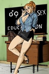 1girls ass auburn auburn_hair black_skirt blackboard classroom copper_hair deviantart_username female glasses hot_charlotte large_breasts leaning_back red_hair sex_ed sex_education skirt teacher tizy-93 watermark