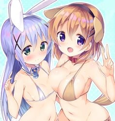 2girls animal_ears arched_back arm_up armpits ascot asymmetrical_docking bare_arms bare_shoulders bikini black_hairband blue_background blue_hair blush breast_press breasts bunny_ears cleavage collar collarbone detached_collar dog_ears dog_tail embarrassed eyebrows_visible_through_hair fake_animal_ears gochuumon_wa_usagi_desu_ka? green_eyes hair_ornament hairband hairclip hand_gesture hoto_cocoa kafuu_chino kurou_(quadruple_zero) large_breasts light_frown long_hair looking_at_viewer micro_bikini multiple_girls navel orange_bikini orange_hair polka_dot polka_dot_background purple_eyes shiny shiny_hair shiny_skin short_hair simple_background small_breasts stomach swimsuit tail tareme teardrop upper_body v very_long_hair w white_bikini white_hairband wing_collar x_hair_ornament