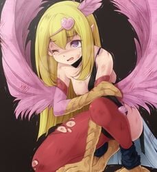 beat_up beaten black_background blonde_hair bruise duel_monster harpie_girl harpie_lady heart one_breast_out pointy_ears purple_eyes scratches tailfeathers torn_clothes wings wink yu-gi-oh!