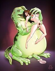1boy 1girls alien anthro breast_fondling breasts ejaculation female fingering frog_humanoid human human_on_anthro interspecies larger_anthro light-skinned_female light_skin long_tongue male molestation necrovert/ahunter/zarathul nude pulptoon pussy size_difference smaller_female smaller_human straight suspended vaginal_fingering