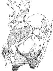 anthro ass balls black_and_white blush cervine christmas clothing holidays human male male_only mammal reindeer santa_claus simple_background tokyo_afterschool_summoners torn_clothing white_background yule_(tokyo_afterschool_summoners)