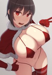 bikini black_hair blush breasts capelet christmas cleavage collarbone commentary_request covered_nipples elbow_gloves female fur_trim gloves groin highres large_breasts looking_at_viewer micro_bikini navel oerba_yun_fang open_mouth original red_bikini red_eyes red_gloves red_thighhighs samegami shiny short_hair simple_background skindentation smile solo striped striped_thighhighs swimsuit thighhighs toromi_(samegami) v