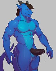 2017 5_fingers abs anthro armpits balls biceps big_penis biped blue_scales blue_tail brown_hair claws dragon green_eyes grey_background grey_horns grin hair horn humanoid_penis knuxlight male male_only muscular muscular_male penis pinup pose precum scales scalie simple_background smile solo standing uncut white_claws xanderg