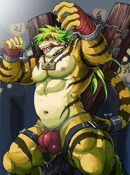 2017 5_fingers abs anthro armpits biceps bit_gag blush bondage bound brown_stripes bulge chained chains clothed clothing collar countershade_face countershade_torso countershading elbow_tufts eyebrows fangs feline fingernails fist fur gag gagged green_eyes green_hair hair hyper hyper_muscles iron_cuffs long_hair looking_at_viewer macan_(tokyo_afterschool_summoners) magan male male_only mammal multicolored_fur muscular muscular_male nameplate navel nipples orange_fur orange_tail pecs pink_nose pink_tongue portrait saint_andrew's_cross simamanta solo spiked_collar spikes standing straps striped_fur striped_tail stripes submissive sweat tail_bondage three-quarter_portrait tiger tokyo_afterschool_summoners tongue tongue_out topless tuft two_tone_fur underwear whiskers white_fur wraps wrist_cuff x_frame