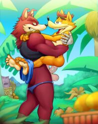 2boys anal anal_sex anthro anthro_on_anthro ass balls bandicoot big_dom_small_sub biped crash_(series) crash_bandicoot crate crunch_bandicoot detailed_background duo elfein erect_penis erection fur furry furry_only gay incest jungle male male_only mammal marsupial mask muscular muscular_male mysterymanbob outdoors penetration penis robotic_arm shorts underwear veiny_penis video_games wumpa_fruit yaoi