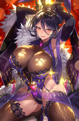 1girls absurd_res absurdres animal_ears arms_behind_head bangs big_breasts black_hair breasts brown_eyes bunny_ears bunny_pose bunnystein_fantasy cleavage commentary_request elbow_gloves erect_nipples female female_only fishnet_legwear fishnets fur_trim gan_(shanimuni) garter_straps gloves hi_res high_heels highres kneeling large_breasts leotard lips lipstick long_hair looking_at_viewer mizuki_(bunnystein_fantasy) mole mole_on_breast mole_on_thigh mole_under_mouth nipple_bulge seducing seductive seductive_eyes seductive_look seductive_smile sexually_suggestive shiny shiny_breasts shiny_hair shiny_skin solo sweat sweatdrop sweating tagme thick thick_legs thick_thighs thigh_highs thighhighs thighs tied_hair