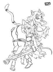 anthro armor ass barbarian big_breasts blush bracelet breasts clothed clothing duo feline female fur hair jewelry looking_at_viewer mammal melee_weapon mouse muscular punishedkom pussy rodent simple_background surprise sword warrior weapon yuri