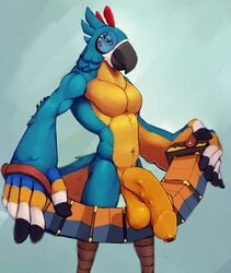 1boy 2017 ? accordion anthro avian balls beak big_balls big_penis bird blue_skin blue_tail breath_of_the_wild erection feathers front_view huge_cock humanoid_penis kass_(zelda) koorivlf long_penis looking_at_viewer male male_only multicolored_skin multicolored_tail muscular muscular_male musical_instrument nintendo orange_eyes orange_skin orange_tail pecs penis pose precum rito sagging_balls simple_background solo standing text the_legend_of_zelda uncut vein veiny_penis video_games