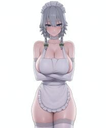 1girl apron arms artist_request at background bare between blue blush bow braid braids breasts choker cleavage closed collarbone cowboy elbow eyes frilled frills gloves green grey hair headdress izayoi_sakuya large looking maid mouth naked sakuya_izayoi short shot shoulders sideboob simple solo standing sweatdrop thighhighs thighs touhou twin viewer white