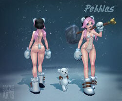 animal_ears animal_tail bear bear_girl black_lipstick boots breasts bunny_and_fox_world female footwear goozie hammer humanoid looking_at_viewer mammal nipples pebbles_(goozie) plushie see-through smile solo standing tools