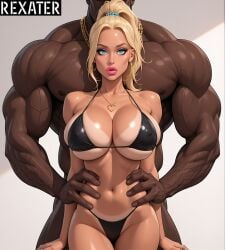 1boy 1girls ai_generated big_breasts bikini bimbo black_bikini blonde_hair blue_eyes blue_nails breasts chain_necklace chrissy_(rexater) cleavage covered_nipples dark-skinned_male dark_skin earrings female gyaru hair_ornament heart heart_necklace height_difference highleg hoop_earrings hotwife huge_breasts interracial jewelry large_breasts lips long_hair looking_at_viewer makeup manly muscular muscular_male nail_polish navel necklace parted_lips ponytail qos queen_of_spades rexater snowbunny straight swimsuit tan tanlines thick_lips torso_grab veins
