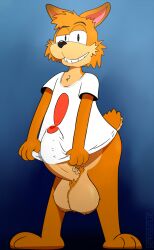 anthro balls bobcat bubsy bubsy_(series) feline furry hyper_penis male orange_fur precum sergaelic shirt_only solo veiny_penis white_shirt