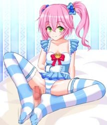 bed blush censored clothed_female clothed_female_nude_male ecilia_(white_cat_project) feet feet_together female footjob footjob_with_legwear gloves green_eyes neko_totora no_shoes panties pink_hair sitting smile sockjob solo_focus spread_legs striped striped_legwear striped_panties tagme thighhighs tied_hair toes twintails underwear white_cat_project