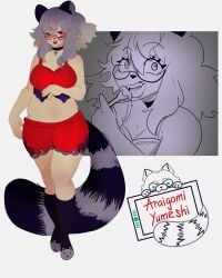 1girls alt_girl alternate_costume araigomi_yumeshi bags_under_eyes choker chubby collar coomerracoon curvaceous curvy curvy_figure fluffy_hair glasses gray_hair green_eyes hair_between_eyes hair_covering_eye hair_down kneehighs large_ass large_breasts large_thighs lingerie looking_at_viewer navel pale-skinned_female pale_skin plump racoon_ears racoon_girl racoon_stripes racoon_tail round_thighs short_hair sole_female