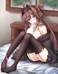 ahoge alternate_color blush breasts brown_hair brown_legwear condom female glove_in_mouth gloves hair_intakes hairband highres kantai_collection kongou_(kantai_collection) large_breasts mask mouth_hold nail_polish nipples no_bra off_shoulder on_bed panties panties_around_leg pink_panties purple_eyes pussy_juice sitting sitting_on_bed skirt solo thighhighs underwear white_gloves yoye_(pastel_white)