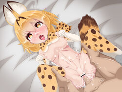 10s 1boy animal_ears bar_censor blonde_hair bow bowtie breasts censored cum cum_in_pussy dutch_angle elbow_gloves eyebrows eyebrows_visible_through_hair female gloves hair_between_eyes heart heart-shaped_pupils kemono_friends lying missionary navel nipples on_back penis pointless_censoring polka_dot polka_dot_gloves polka_dot_legwear pussy saiko_satomitsu saliva serval_(kemono_friends) solo_focus straight symbol-shaped_pupils tail tongue tongue_out yellow_eyes