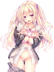 areola_slip areolae blazer blonde_hair blush bow bow_bra bow_panties bra breasts censored cleavage collared_shirt female hair_ornament hair_scrunchie holding holding_panties jacket lace lace-trimmed_bra lace-trimmed_panties long_hair long_sleeves looking_at_viewer navel open_clothes open_mouth open_shirt open_skirt original panties panties_removed pink_bra pink_panties plaid plaid_skirt presenting_panties purple_eyes pussy_juice ryo school_uniform scrunchie shirt simple_background skirt smile solo two_side_up underwear white_background white_shirt