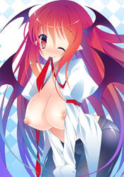 bat_wings black_legwear blush breasts crotch_seam cute_fang dress_shirt female goriyaku head_wings koakuma large_breasts leaning_forward long_hair mouth_hold nipples no_bra no_pants one_eye_closed open_clothes open_shirt panties panties_under_pantyhose pantyhose pointy_ears red_eyes red_hair shirt smile solo succubus thighband_pantyhose touhou underwear v_arms very_long_hair wings