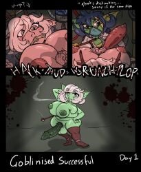 big_breasts breasts erection female futanari gagged goblin goblin_futa green_body green_nipples original_character restrained silver_hair smoking spiked_penis thighhighs