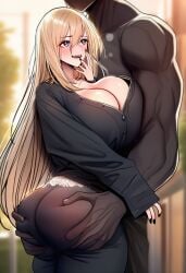 1boy ai_generated ass ass_grab big_ass big_breasts black_body black_underwear blonde_female blonde_hair blue_eyes breasts dark-skinned_male dark_skin fellatio female grabbing_ass groping_ass groping_through_clothes ksyra ksyraarts long_hair paws pubic_hair school schoolgirl simple_background standing very_dark_skin