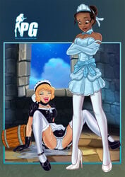 2girls black_hair blonde_hair blush charlotte_la_bouff cleavage clothing disney disney_princess dress eyeshadow female female_only french_maid fully_clothed hair_bun high_heels human latex latex_clothing latex_gloves laughing lipstick maid maid_dress maid_headdress maid_uniform makeup panties pantyshot platform_heels poochygirls rubber rubber_clothing shiny_clothes stockings the_princess_and_the_frog thighhighs tiana uniform upskirt white_panties