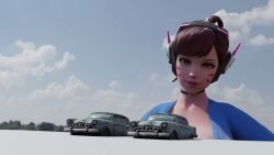 1girls 3d 3d_(artwork) big_breasts breasts brown_hair brown_hair_female brunette_hair car cars clothed clothed_female d.va female female_focus female_only giant_female giant_woman giantess hana_song huge_boobs huge_breasts scrag_d.va tagme video video_game_character