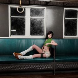 3d animated areolae bahamut0 blender breasts brown_hair clothing female final_fantasy_vii final_fantasy_vii_remake green_shirt human lifting_shirt looking_at_viewer looking_up pale_skin petite public seductive shirt shirt_lift shoes short_hair shorts showing_breasts sitting small_breasts smaller_female socks stripping tagme train train_interior video yuffie_kisaragi