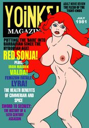 blue_eyes english_text erect_nipples female large_breasts lipstick long_hair red_hair red_sonja red_sonja_(comics) solo thick_thighs toonytease very_long_hair