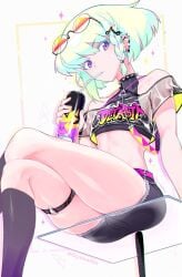 1boy androgynous ass ass_focus bob_cut bulge choker clothed clothing collar cross_section crossed_legs femboy femboy_only fully_clothed glasses lio_fotia looking_at_viewer male minishorts oyasaiiis pov promare short_hair sitting_on_glass slim_waist solo suggestive thick_thighs thighhighs thin_waist tight_clothing twink