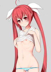 ahoge ass_visible_through_thighs bare_arms bare_shoulders blush breasts cowboy_shot date_a_live fedsnk female grey_background hair_ribbon hands_on_own_chest highres horizontal_stripes itsuka_kotori lifted_by_self long_hair looking_at_viewer lowleg lowleg_panties navel nipple_slip nipples panties red_eyes red_hair ribbon simple_background small_breasts smile solo stomach striped striped_panties tank_top teasing tied_hair twintails underwear very_long_hair white_ribbon