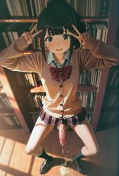 after_masturbation ai_generated balls black_hair blunt_bangs blush bowlegged_pose brown_eyes crying cum cum_dripping_from_penis cum_on_floor devaster dickgirl double_v futanari indoors intersex library long_sleeves looking_at_viewer open_mouth penis ponytail school_uniform sidelocks skirt slender_waist solo solo_futa standing veiny_penis