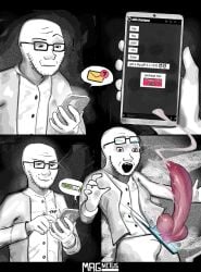 1boy 2026 2d animal_genitalia bulge canine_genitalia canine_penis cellphone cock cum dick ejaculation english english_text genital_fluids genitals glasses huge_cock magnetus male male_only message pale-skinned_male pale_skin penis phone phone_screen solo solo_male soyjak tagme text