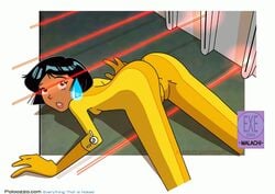 1girls 2004 alex_(totally_spies) artist_logo bodysuit dark-skinned_female dark_skin dotted_background female female_only human jpg malachi rubber_suit solo straight_hair sweatdrop tagme totally_spies