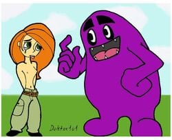 1girls arms_behind_back crossover disney doktor101 female grimace grimace_(mcdonald's) huge_eyes human kim_possible kimberly_ann_possible mascot mcdonald's nipples small_breasts straight_hair tears