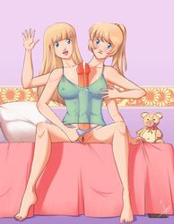 2_heads 2girls access accessworld barefoot blonde blonde_futa blonde_futanari blonde_hair blonde_hair_futa blue_eyes blush breasts conjoined cum earrings erection feet futanari greeting intersex large_penis looking_at_viewer masturbation multi_arm multi_head multi_limb multiple_girls nipples panties_aside penis ponytail pussy tied_hair toenail_polish toenails toes undershirt what