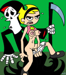 1boy 1boy1girl 1girls 4_fingers :o black_eyes black_headband blonde_hair breasts cartoon_network d:< dress_lift female female/male frown grabbing_penis grim_(billy_and_mandy) headband light-skinned_female light_skin male male/female mandy_(billy_and_mandy) mouth_open nev nipples no_bra no_nose no_panties noseless penis pink_dress scythe skeleton straight_hair sweat tagme the_grim_adventures_of_billy_and_mandy thick_eyebrows unshaded white_penis white_sclera