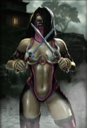 2d abs bracelet breasts dual_wielding hair_over_one_eyes mask mileena mileena_(mk:deception) mortal_kombat mortal_kombat:_deception navel sai_(weapon) steam thighhighs wet