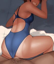 1boy 1girls all_fours ass blue_swimsuit competition_swimsuit cum cum_in_pussy cum_inside doggy_style grin happy_sex looking_back lvi one-piece_swimsuit one-piece_tan perky_breasts sex short_hair straight swimsuit swimsuit_aside tan tanline tile_floor tiles uncensored vaginal_penetration