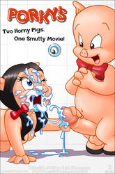 2003 all_fours anthro black_hair bowtie breasts cum cum_on_face female hair handjob joe_randel looney_tunes male mammal nipples nude open_eyes open_mouth penis petunia_pig pig porky_pig smile smooth_skin straight tagme wink