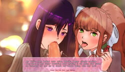 1boy 2girls brown_hair collaborative_fellatio ddlc_text_box deepthroat_mark dialogue doki_doki_literature_club eye_contact fellatio first_person_view ginger green_eyes heavy_breathing light-skinned_female male_pov monika_(doki_doki_literature_club) mrbudguy multiple_girls oral petite pov pov_eye_contact purple_eyes purple_hair saliva saliva_string saliva_trail school_uniform schoolgirl smile teamwork teenager threesome tongue_out turtleneck unseen_male_face yuri_(doki_doki_literature_club)