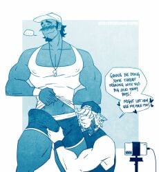 2boys ashley_(thepancakehub) bara bara_tits big_breasts big_penis blush blushing boner buff bulge bulge_through_clothing calvin_(thepancakehub) coach coach_calvin_(thepancakehub) dark-skinned_male dark_skin dialogue duo encouragement english_text gay gay_sex hair_covering_eyes large_breasts large_penis larger_male male male_focus male_only muscles muscular muscular_male no_eyes pecs pectorals piercing recording shirt_lift shirt_up tattoo thepancakehub verbal