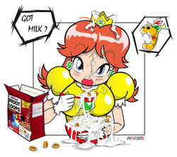 2006 bowser bukkake cereal cum cum_in_food cum_on_food dress food froot_loops gokkun got_milk jiky mario_(series) meme nintendo parody princess_daisy straight_hair