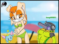 abs anthro chao_(sonic) cheese_the_chao crocodile day female fur interspecies male mammal outdoors rabbit reptile sega size_difference sonic_(series) straight_hair tagme vanilla_the_rabbit vector_the_crocodile zetar02