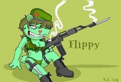 2004 anthro bear boots cigarette female firearm flippy flippy_(htf) footwear furry genderbend genderswap green_body green_fur gun happy_tree_friends mammal mondo_media rule_63 smoking solo